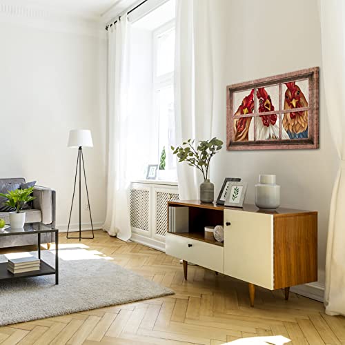 Levvarts Vintage Farm Animal Painting On Canvas Rooster Chickens With Rustic Window Picture Wall Art Retro Farm Rooster Artwork For Cabbage Barn Kitchen Wall Decor #TOP2