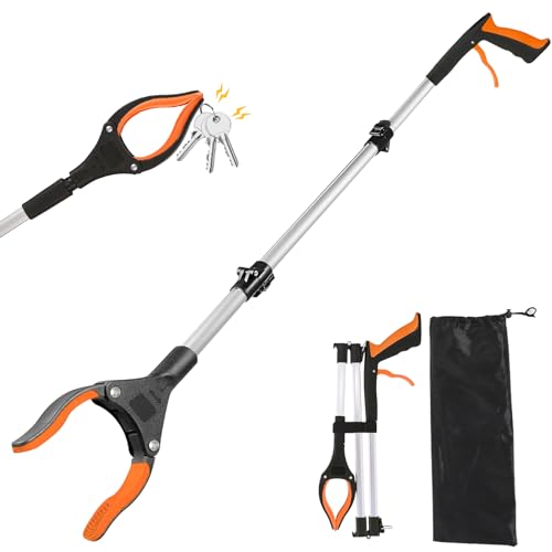 Idota Greifzange für Senioren 109cm Faltbare Greifer mit Magnet-Greifarm 360° Drehbarer Kopf Aluminium Müllzange Greifzange Langer Greif-Werkzeug für Müll/Wurf Pflücker Hand Greifer (Orange)