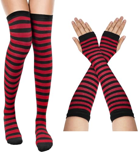 MESU Women Striped Thigh High Socks and Fingerless Gloves Set for Cosplay Costumen Black Red