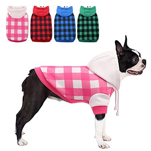 Morvigive Plaid Dog Hoodie Pet Cat Sweatshirt, British Style Warm Puppy Pullover Doggie Coat With Hat And Leash Hole, Cold Weather Pet Jacket Winter Outfits Clothes For Small Medium Dogs & Cats Pink #TOP10