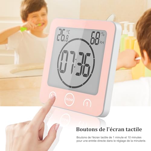 Miniatura 4 de Vorrinc Reloj De Baño, Despertador Digital, Temperatura Humedad Reloj Digital Reloj Temporizador, Alarma Impermeable Temporizador De Cuenta Regresiva, Lcd Control Táctil, Para Baño De Cocina Rosa