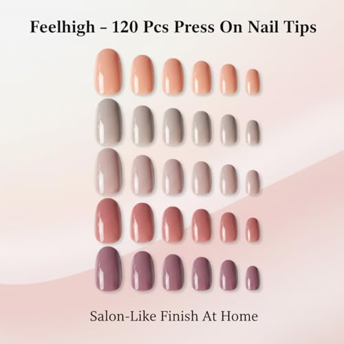 Image of 120 Pcs Press On Nail Tips - Medium Round Artificial Nail Extensions in 5 Colors, Natural Reusable Stick-On False Nails Kit for Women & Girls, 12 Sizes, Salon-Like Finish (Shade 02)