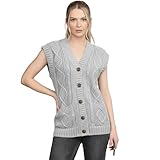 LUXFAB Women's Sleeveless Cable Knit Cardigan Girl’s 5 Button Grandad Vest Chunky Knit Waistcoat Winter Layering Piece | Casual Knitted Sweater Silver