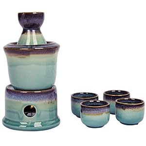MyGift Sake-Servierset mit Stövchen, japanischer Stil, Keramik, 7-teilig, Violett