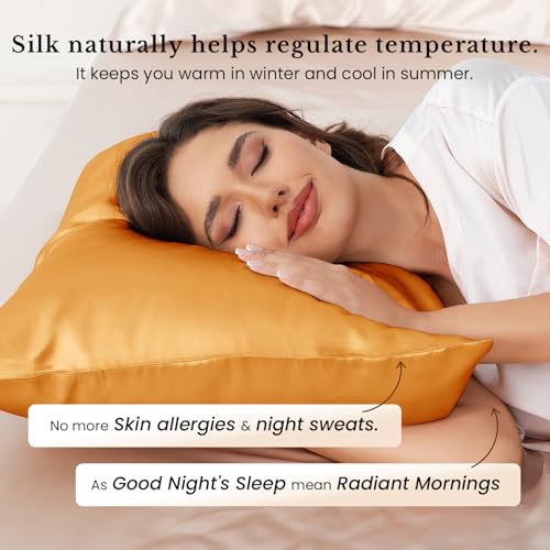 Image of THXSILK 100% Pure Mulberry Silk Pillowcase for Hair and Skin, 25 Momme Zipper Silk Pillow Case Standard Size, Gift Box, Real Silk Pillowcase with Zipper (Bronze, Queen 20 inchx30 inch)