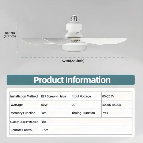 Lâmpada Ventilador Multifuncional 52cm Iluminação e Ventilação Controle Remoto Ajuste de Brilho e Te