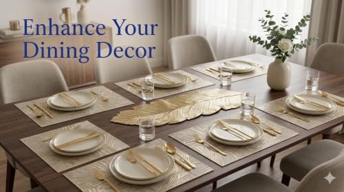 Image of Dakshya Industries PVC Waterproof Dining Table Mats Set of 7 (6 Rectangular Placemats + 1 Leaf Table Runner) | Heat Resistant Washable Non Slip Table Mats for Dining Table Kitchen Home Decor