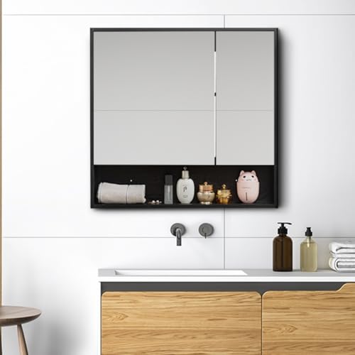 HollyHOME Armario de baño con espejo con estante, 78 cm de ancho, doble puerta de espejo, armario de almacenamiento para inodoro, montado en la pared, color negro - imagen 6