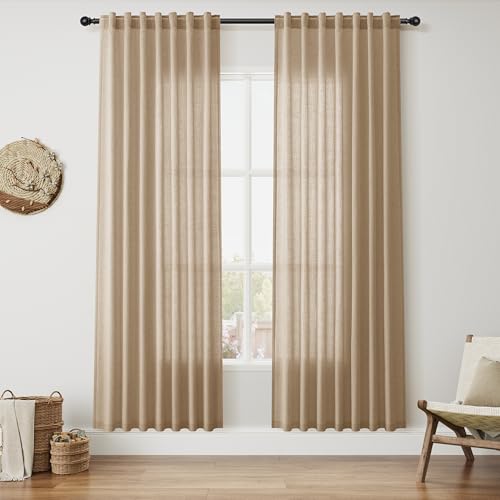 Image of Sand Beige Linen Curtains 80 Inch Length for Living Room Simple Modern Light Filtering Semi Sheer Curtain Back Tab Rustic Farmhouse Luxury Home Decor Drapes for Bedroom Dinner Room 52x80, 2 Panels