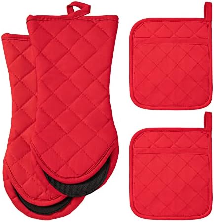 ARCLIBER Pot Holders and Oven Mitts Sets,4PCS Heat Resistant Potholders for Kitchens,Non-Slip Rubber Surface 2 Oven Mittens,2 Potholder for Cooking,Baking,Grilling,Barbecue,Red