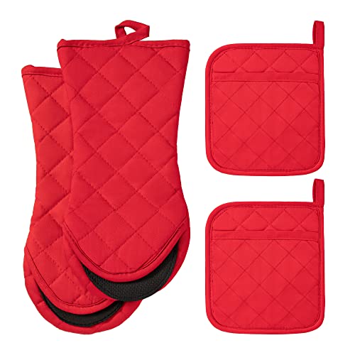 Arcliber Pot Holders And Oven Mitts Sets,4Pcs Heat Resistant Potholders For Kitchens,Non-Slip Rubber Surface 2 Oven Mittens,2 Potholder For Cooking,Baking,Grilling,Barbecue,Red #TOP3