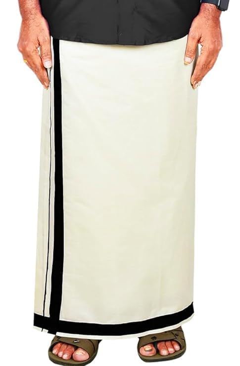 Kolakeer® Men's Cotton White Dhoti with Kerala Kara Border - Traditional South Indian Veshti Mundu3