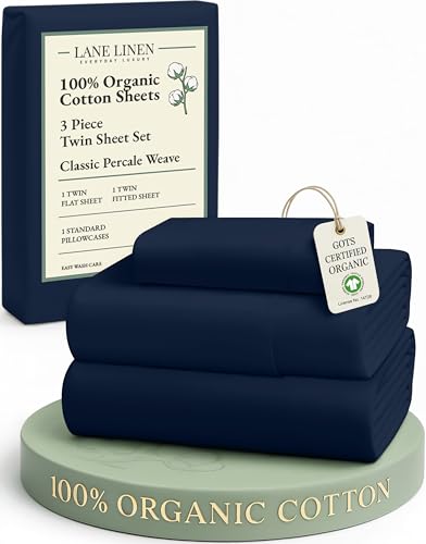 Image of LANE LINEN 100% Organic Cotton Sheets Twin Size, Mercerized Cotton Fully Elasticized Soft & Comfy Bedding Sheets & Pillowcase Set, Good for Dorm Room, Deep Pocket Fully Elasticized Sheet- Navy