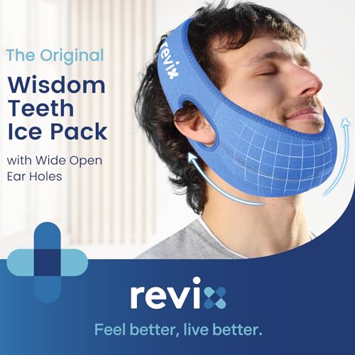 Image of REVIX Face Ice Pack for Wisdom Teeth, 3D Sewing Ice Pack Head Wrap for TMJ Discomfort, Jaw Soreness, Dental Caries and Tooth Extraction, Extra Snug Fit with 4 Hot and Cold Pads, Blue