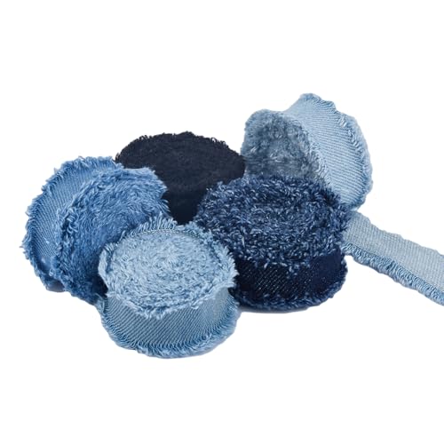 SUPERFINDINGS 5 cintas de tela de algodón deshilachado de 1.7 yardas, 5 colores, 1.7 yardas, cinta de tela de mezclilla para envolver regalos, accesorios de costura para el cabello, decoración de boda