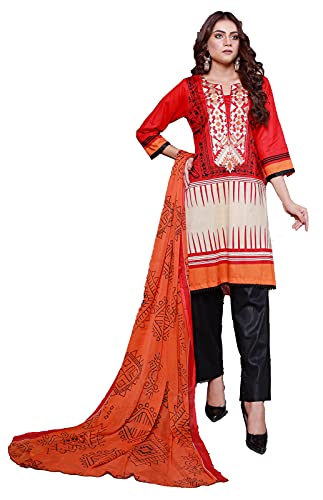 IshDeena Pakistani Lawn Salwar Kameez Indian Dresses for Women Ready to Wear Embroidered (L, Red Black)