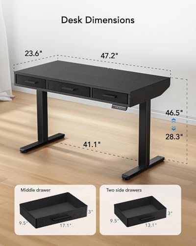 Image of HUANUO Electric Standing Desk with Drawers, C-Clamp Mount Compatible, 48 x 24 Inch Height Adjustable Sit Stand Desk, Fabric Drawers, Home Office Stand Up Desk with 4 Custom Height Settings, Black