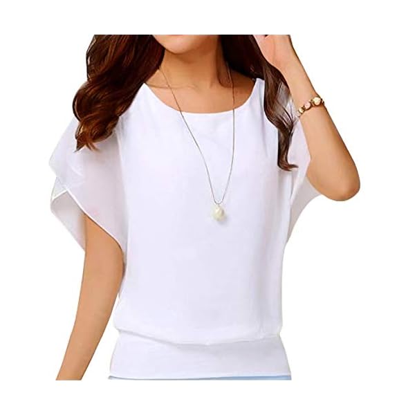 Neineiwu-Womens-Loose-Casual-Short-Sleeve-Chiffon-Top-T-Shirt-Blouse Neineiwu Ladies Summer Shirt Short Sleeve Batwing Sleeve Round Neck Loose Chiffon Blouse Tops (White M)