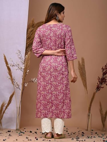 Image of Rimeline Women's Cotton Printed Kurta with Embroidered V-Neck Detail | Straight Fit Ethnic Wear for Casual, Office & Daily Use
