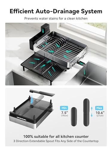SUNLY Large Dish Drying Rack, Expandable Dish Racks for Kitchen Counter, Space Saving 304 Stainless Steel Kitchen Dish Drying Rack, Extra Large Dish Drainer with Multifunctional Flip Up Pegs, Black - Image 6