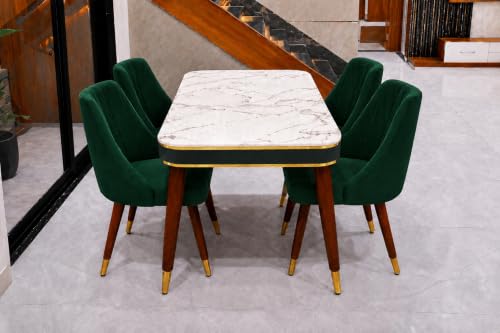 Image of WOODEN SPACE 4 Seater Wooden Dining Table Set | Urban Marble Top Dining Table with Chairs for Dining Room & Kitchen (Modern Frontline Dark Green) (54 x 36 x 30 inch)