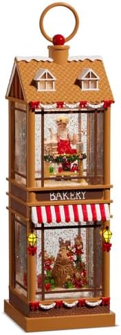 Raz Imports Santa and Elves Lighted Water Two Story Bakery, 12.5-inch Height, Christmas Decor