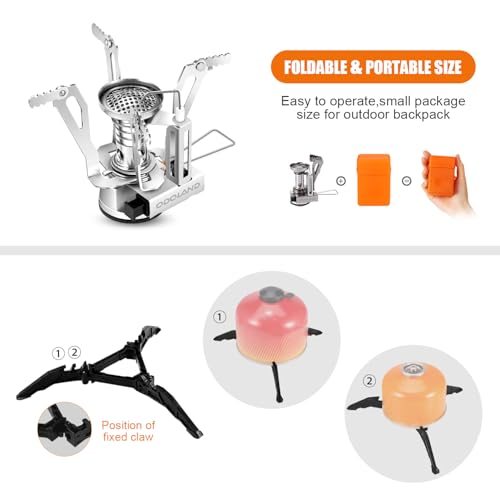 image for Odoland Camping Cookware Stove Carabiner Canister Stand Tripod and Sta