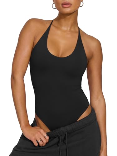 REORIA Sexy Halter Backless Tie Back Bodysuits for Women Deep Scoop Neck Thong Bodysuit Cami Tank Top Double Lined Body Suits Leotard Going Out Tops 2026 Summer Black Onyx Small