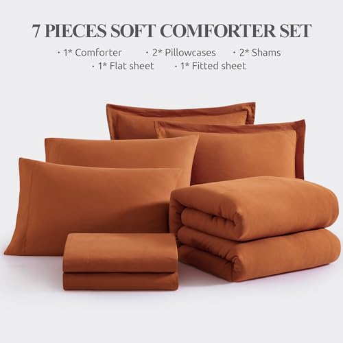Image of Oversized Queen Comforter Set -7 Pieces Soft Bed in a Bag Queen Bedding Set | Prewashed All Season Comforter with Sheets, Pillow Shams & Pillowcases,Burnt Orange