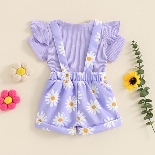 DSORVICD Newborn Baby Girl Summer Clothes Ribbed Ruffle Short Sleeve Romper Daisy Suspender Overall Shorts 2Pc Outfits4