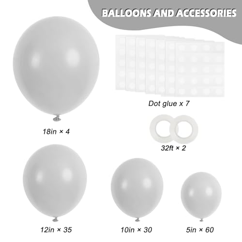 Image of RUBFAC 129pcs Gray Balloons Different Sizes 18 12 10 5 Inches Matte Grey Latex Balloon Garland Arch Kit for Birthday Party Graduation Baby Shower Wedding Holiday Decoration