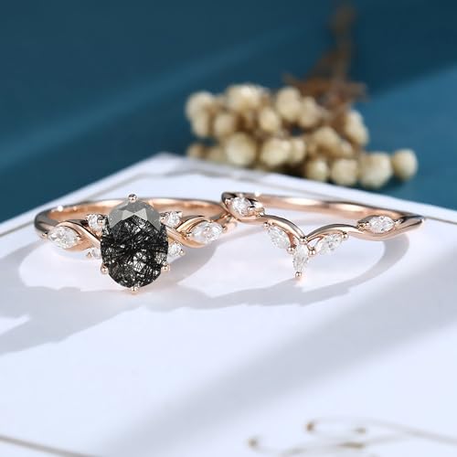 Natural Black Rutilated Quartz Wedding Rings Sets for Her Women,10K 14K 18K Gold Oval-Cut Black Rutilated Quartz Moissanite Engagement Ring Sets Gift for Anniversary Valentine's Day3