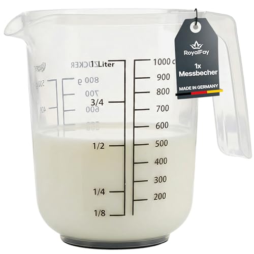 RoyalFay® Messkanne – 1L Messbecher aus robustem Kunststoff mit Liter- & Gramm-Skala – lebensmittelechte Messkannen aus Polypropylen für präzises Backen (1 x 1L)