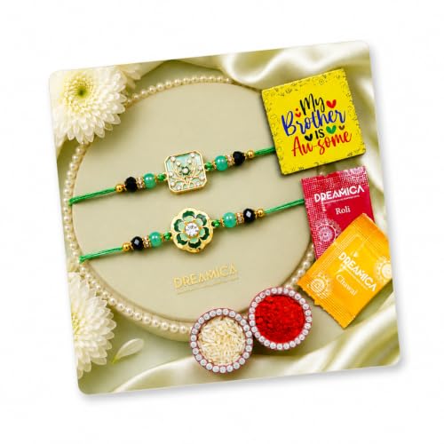 Image of Dreamica Set of 2 Designer Rakhi for Brother | Combo with ?My Brother is Awesome? Fridge Magnet, Tilak Set (Roli-Chawal), and Greeting Card | Best Rakhi Gift for Brother (Rakhi-68)