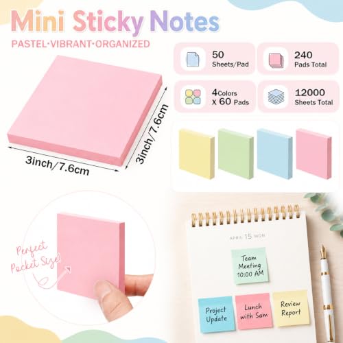 Image of Fainne 240 Pack Sticky Notes Bulk 3x3 Multicolor Self Stick,Simple Color