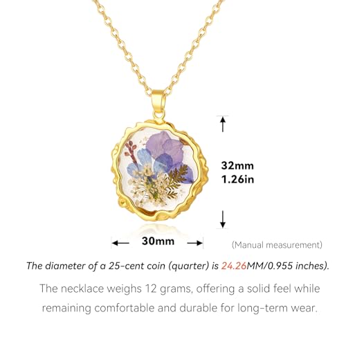Birth Flower Necklaces for Women,August Month Lobelia Real Pressed Flower Necklace,Boho-Style Personalized Jewelry,Handmade Floral Pendant,Thoughtful Gift for Christmas,Birthday|18" (Gold)4