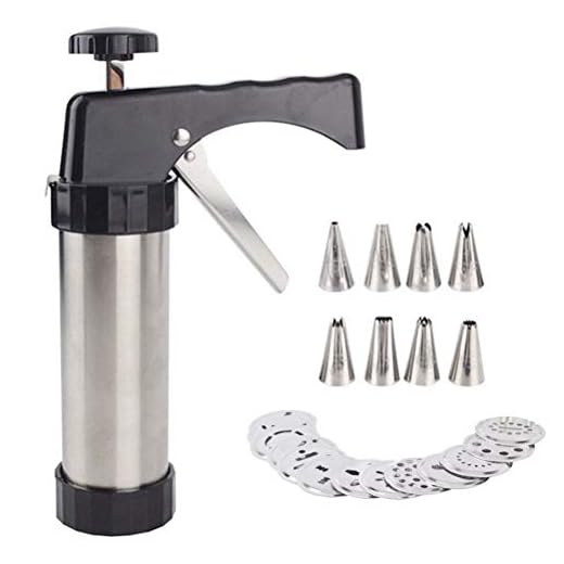 Faruxue DIY Cookie Press Gun Kit Stainless Steel Biscuit Press Cookie Icing Gun Set with 13 Discs and 7 Icing Tips Ideal for Biscuit, Cake, Churro, Cookie