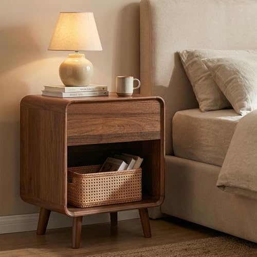 LYNCOHOME Bedside Table Bed Side Table for Bedroom with Rounded Corners Strudy Bedside Drawerswith for Living Room Bedroom Walnut