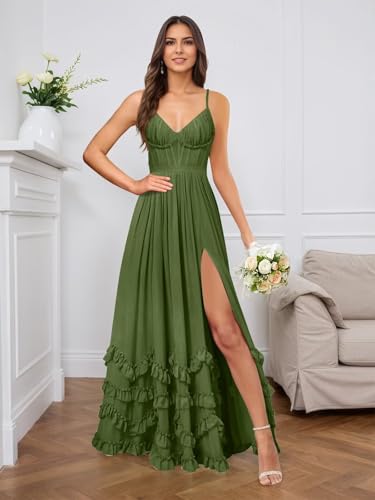 Chiffon Bridesmaid Dresses Spaghetti Strap Ruffle A Line Formal Evening Party Dress with Slit4