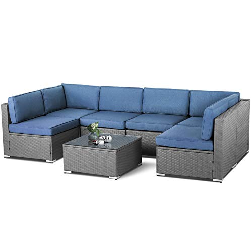 Suncrown Outdoor Patio Furniture 7 Piece Sofa Set Grey Wicker Washable Seat Cushions With Ykk Zippers And Modern Glass Coffee Table Denmi Blue Cushion Buy Online In Belize At Desertcart