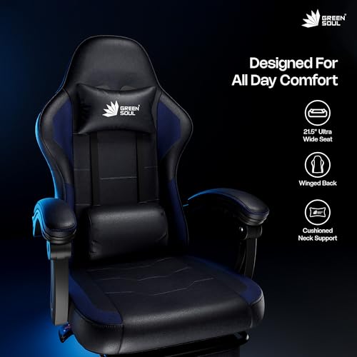 Image of Green Soul Blade Ergonomic Gaming Chair | Multi-Functional Computer Chair | Integrated Massager | ErgoSync Armrest | Retractable Footrest | 1 Year Warranty (Black Blue)