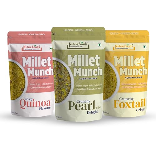 Image of Nutriefoods Millet Munch Snack, 100% Roasted Millets & Guilt Free Snack, Nutritious Munch, Bajra, Jawar, Ragi, Qquinoa, Foxtail Snack (Quinoa, Pearl and Foxtail (Pack of 3), 300gm)