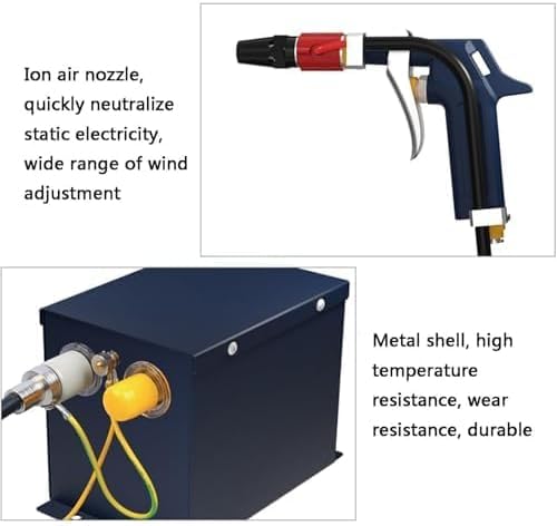 Pistola ad aria ionizzante per il controllo dellelettricità statica con generatore ad alta tensione e silenziatore. Efficace per la rimozione dellelettricità statica nei dispositivi elettronici.