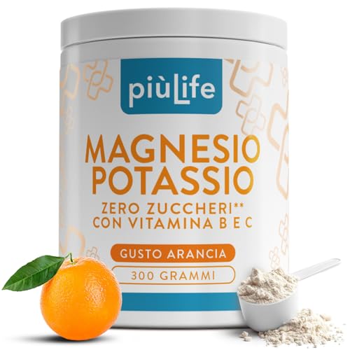 Magnesio E Potassio Senza Zucchero 300g Arancia PiuLife® Con Vitamina B12, B6, B1, Acido Folico, Vit C, Energia Integratori Stanchezza, Sali Minerali, Muscoli, Sistema Nervoso, Magnesio In Polvere