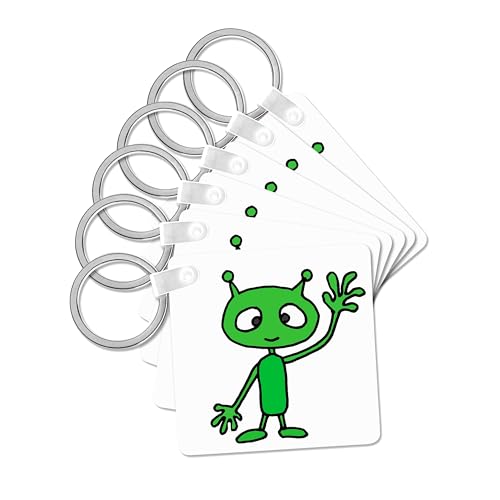3dRose, Funny Cute Green Martian Alien Waving Cartoon, set of 6 Key Chains