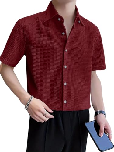 Image of GRECIILOOKS Shirt for Men | Mens Casual Shirt | Men Stylish Shirt | Men Waffle Shirt | Men's Regular Fit | Men Formal Shirt | Short Sleeve Shirt for Summer Outdoor Activities |Textured Shirts for Men