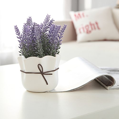 Mygift 7 Inch Artificial Lavender Fake Flower Bouquet In Decorative White Ceramic Pot With Leatherette String #TOP2
