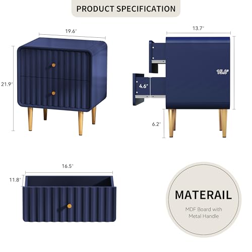 Image of HLR Night Stand Set of 2, Fluted Modern Bedside Table with 2 Drawers, Blue