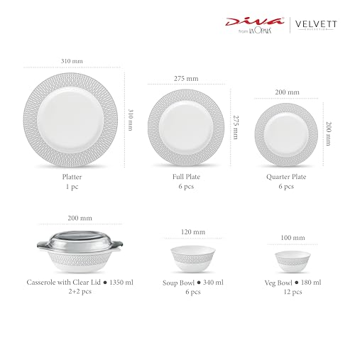 Image of La Opala Diva Velvett Collection Opal Glass Crockery | for Family of 6 | Dinner Set 35 pcs Tudor Grey | Plates & Bowls for Dining | Microwave Safe | 100% Vegetarian | Extra Strong | Light & White