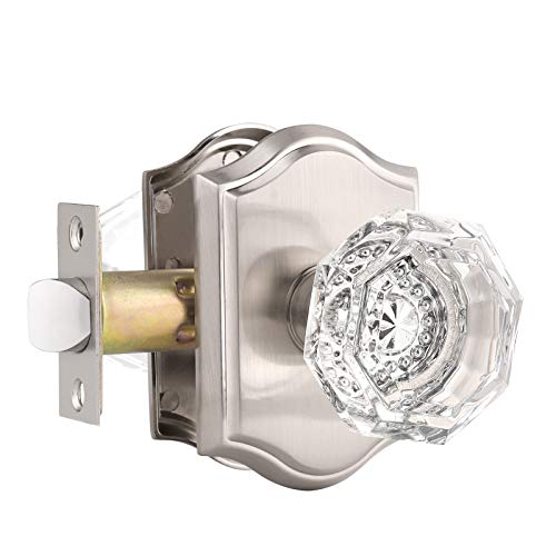 Clear Octagon Crystal Glass Door Knob Kit,Keyless Passage Handle for Hallway Closet Pantry,Satin Nickel Arched Rosette,1Pack